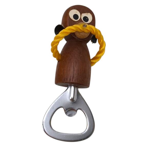 4 Wise Monkeys Wood Wine Set Stopper Corkscrew Bottle & Can Opener MCM Vintage - Picture 2 of 9